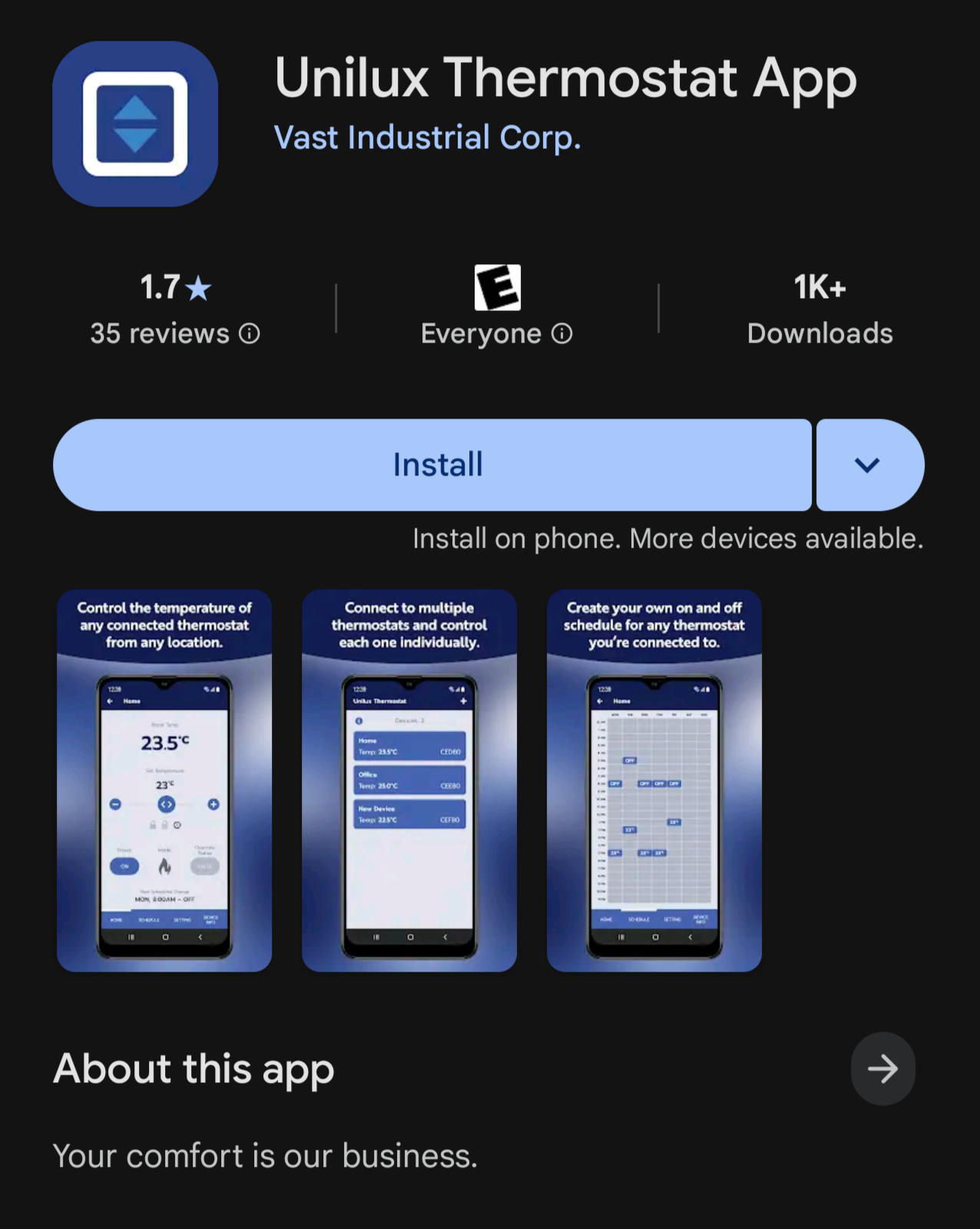 Screenshot of the vendor thermostat phone app.