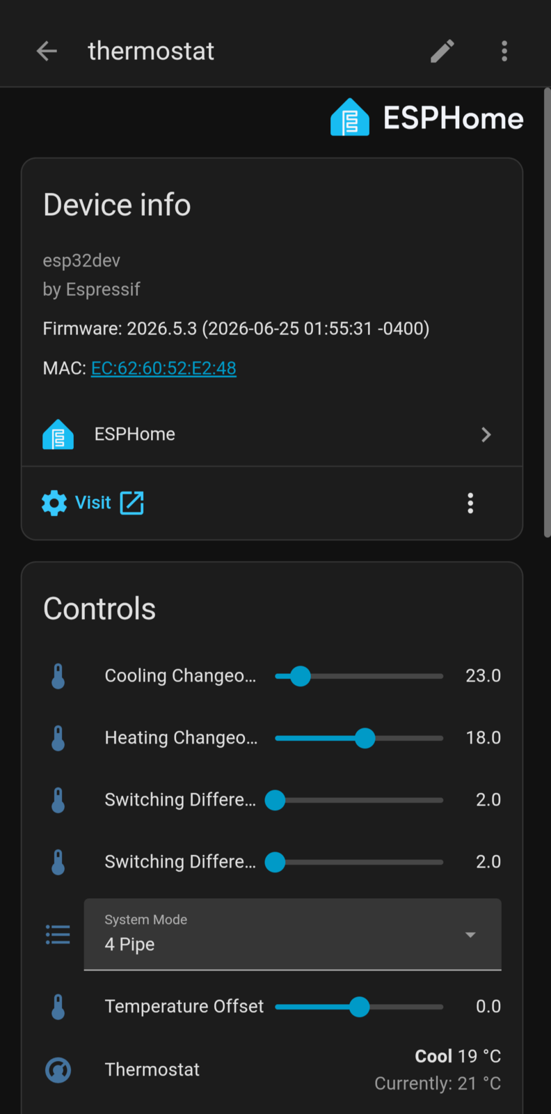Home Assistant dashboard showing the thermostat exposed through ESPHome, with setpoint, current temperature, and settings.